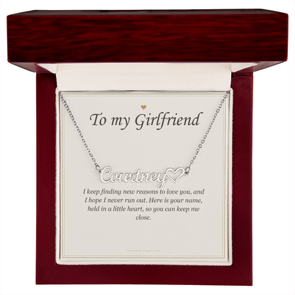 Steel heart name pendant and card in the mahogany Luxury Box | Girlfriend Heart Name Necklace with Message Card