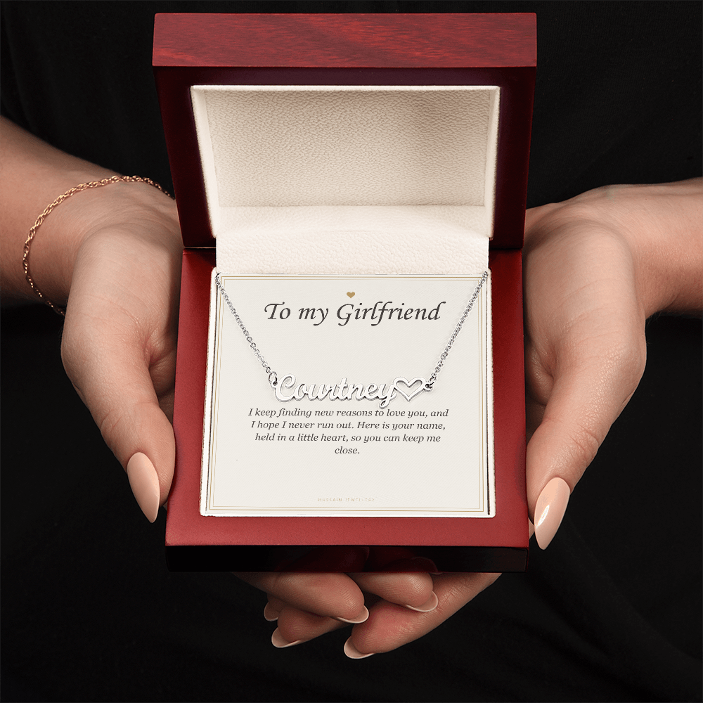 Hands holding the mahogany Luxury Box with the steel pendant | Girlfriend Heart Name Necklace with Message Card
