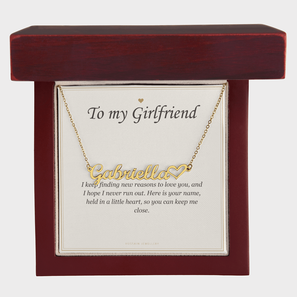 Gold finish heart name pendant and card in the mahogany Luxury Box | Girlfriend Heart Name Necklace with Message Card
