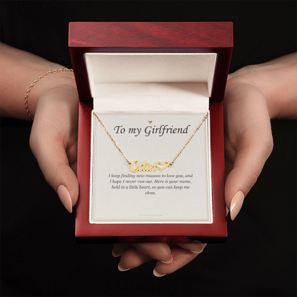 Hands holding the mahogany Luxury Box with the gold finish pendant | Girlfriend Heart Name Necklace with Message Card