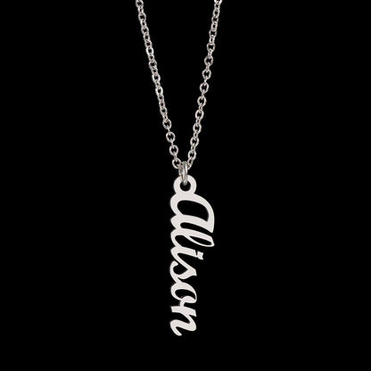 Steel vertical name pendant on a black background | Vertical Name Necklace