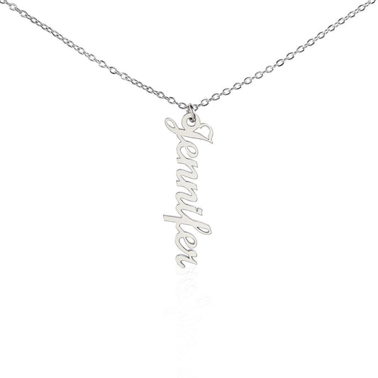 Vertical Name Necklace in polished silver and 18k gold finish on white background, personalized jewelry by HussainTraders
