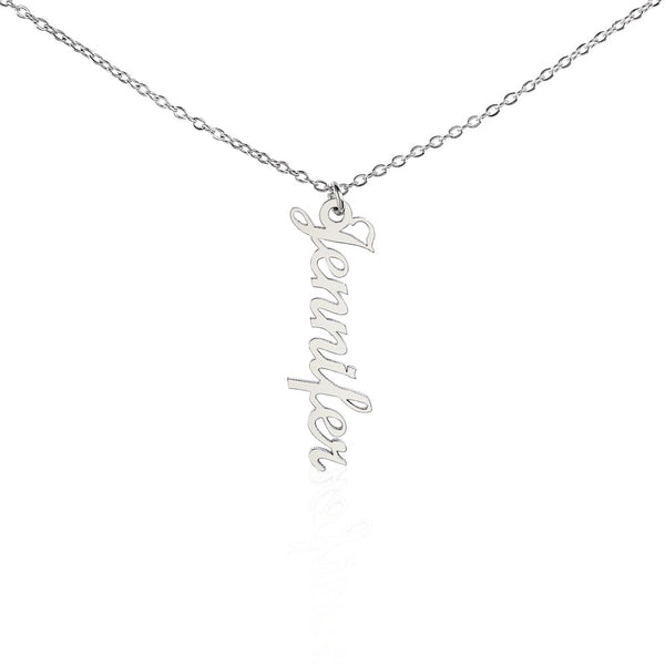 Vertical Name Necklace in polished silver and 18k gold finish on white background, personalized jewelry by HussainTraders