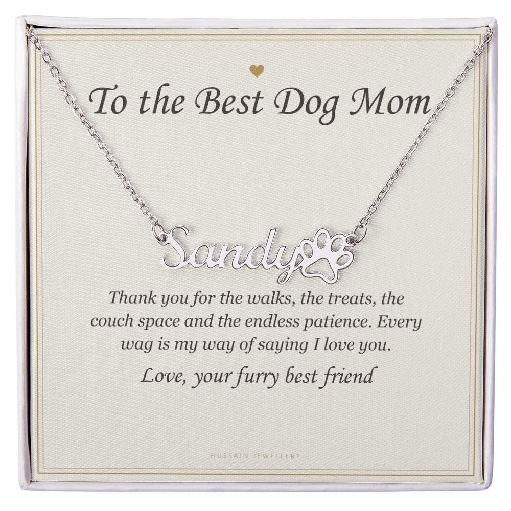 Polished steel pet name pendant with paw print on the To the Best Dog Mom card | Dog Mom Paw Print Name Necklace with Message Card