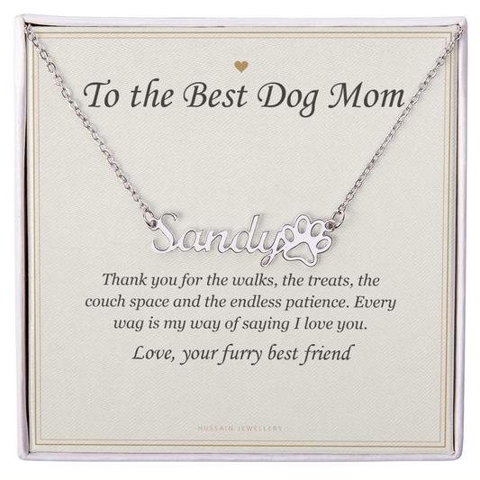 Polished steel pet name pendant with paw print on the To the Best Dog Mom card | Dog Mom Paw Print Name Necklace with Message Card