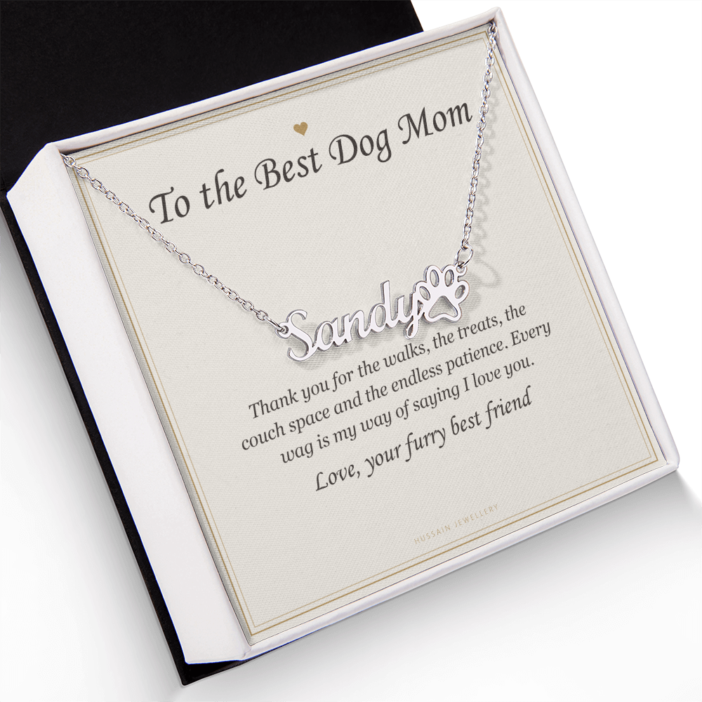 Steel paw print name pendant and dog mom card in an open white gift box | Dog Mom Paw Print Name Necklace with Message Card