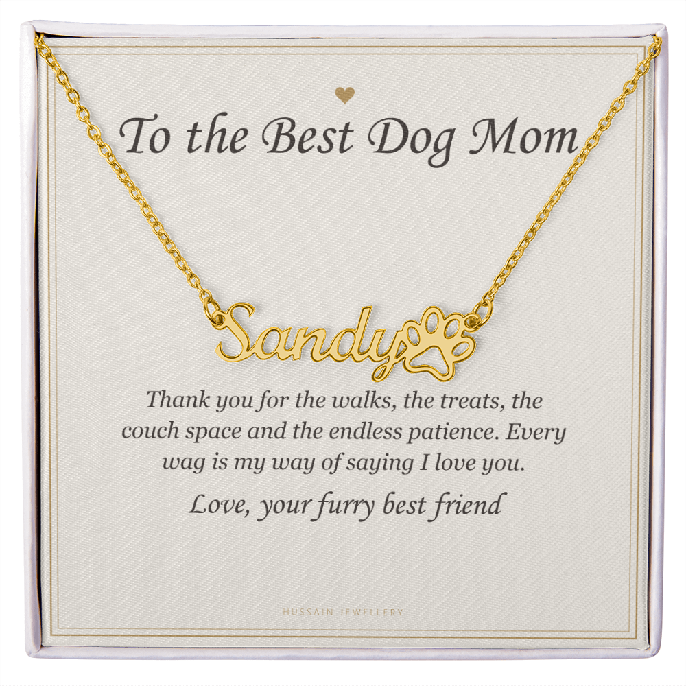 18k yellow gold finish paw print name pendant on the dog mom card | Dog Mom Paw Print Name Necklace with Message Card