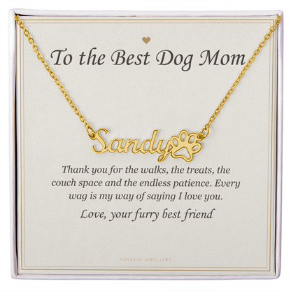 18k yellow gold finish paw print name pendant on the dog mom card | Dog Mom Paw Print Name Necklace with Message Card