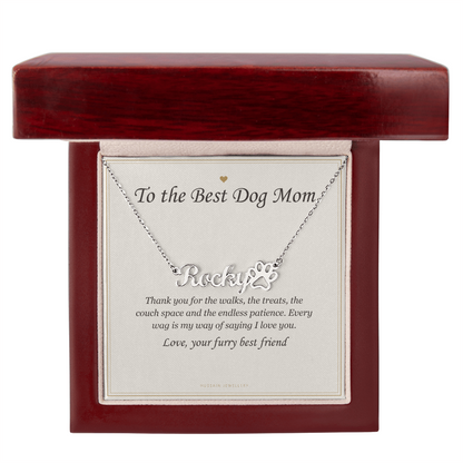 Steel paw print name pendant and card in the mahogany Luxury Box | Dog Mom Paw Print Name Necklace with Message Card