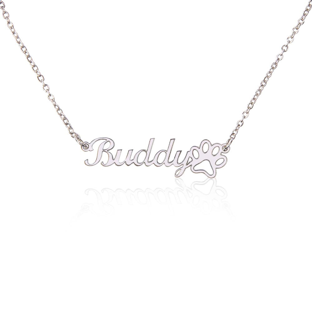 Paw Print Name Necklace in polished silver and 18k gold finish on white background, personalized jewelry by HussainTraders