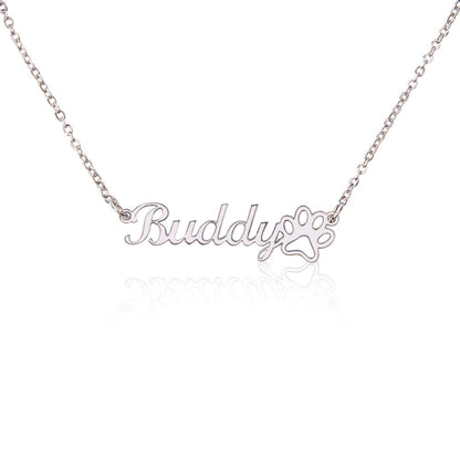Paw Print Name Necklace in polished silver and 18k gold finish on white background, personalized jewelry by HussainTraders