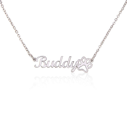 Paw Print Name Necklace in polished silver and 18k gold finish on white background, personalized jewelry by HussainTraders