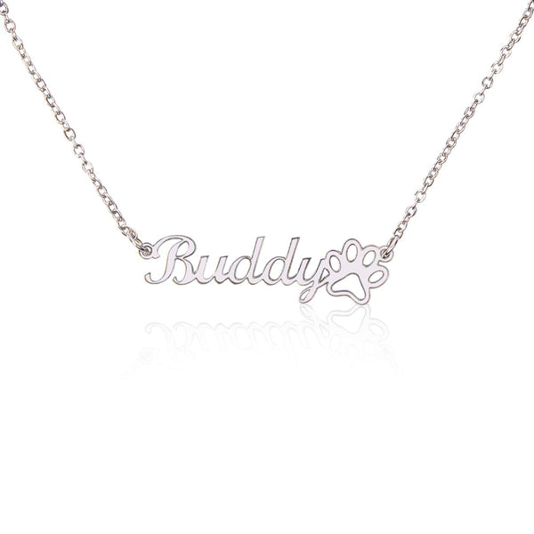 Paw Print Name Necklace in polished silver and 18k gold finish on white background, personalized jewelry by HussainTraders