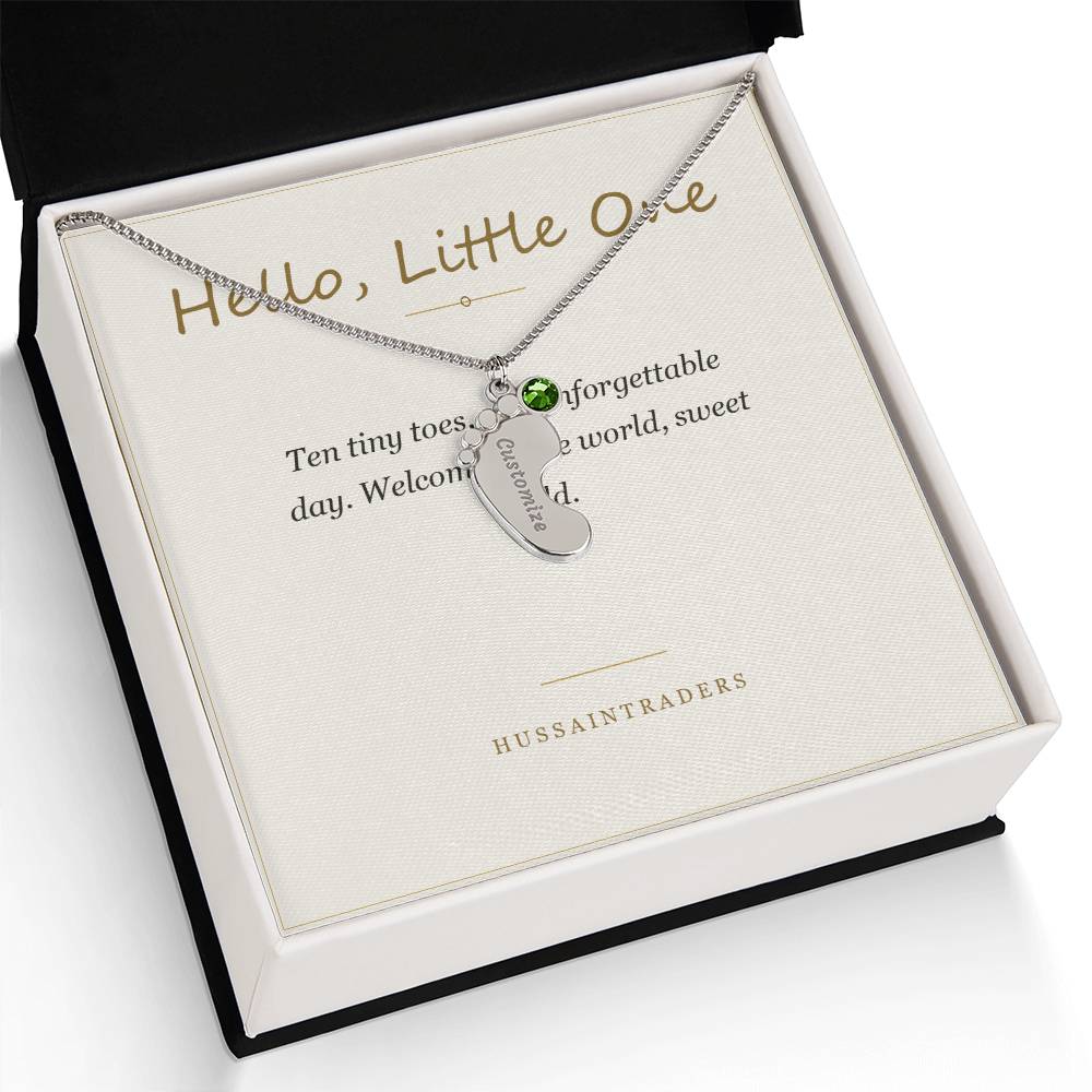Hello, Little One card with the silver charm in a gift box | Baby Feet Birthstone Necklace