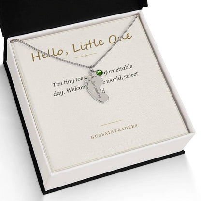 Hello, Little One card with the silver charm in a gift box | Baby Feet Birthstone Necklace