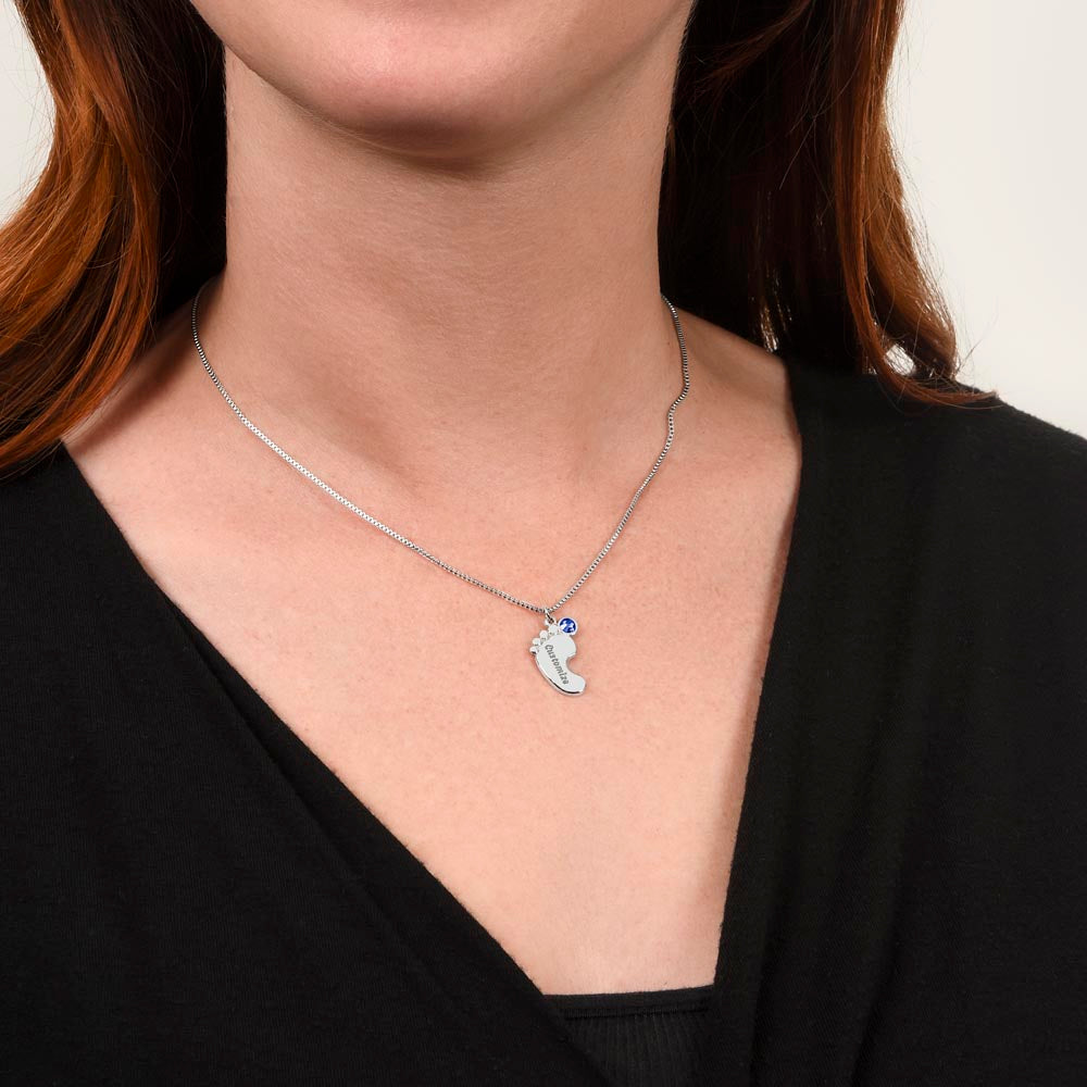 Silver baby feet necklace worn, close-up | Baby Feet Birthstone Necklace