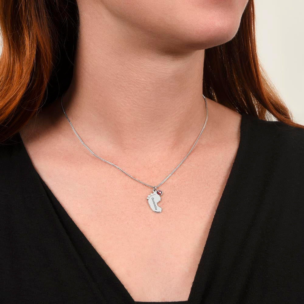 Silver baby feet necklace worn, side view | Baby Feet Birthstone Necklace