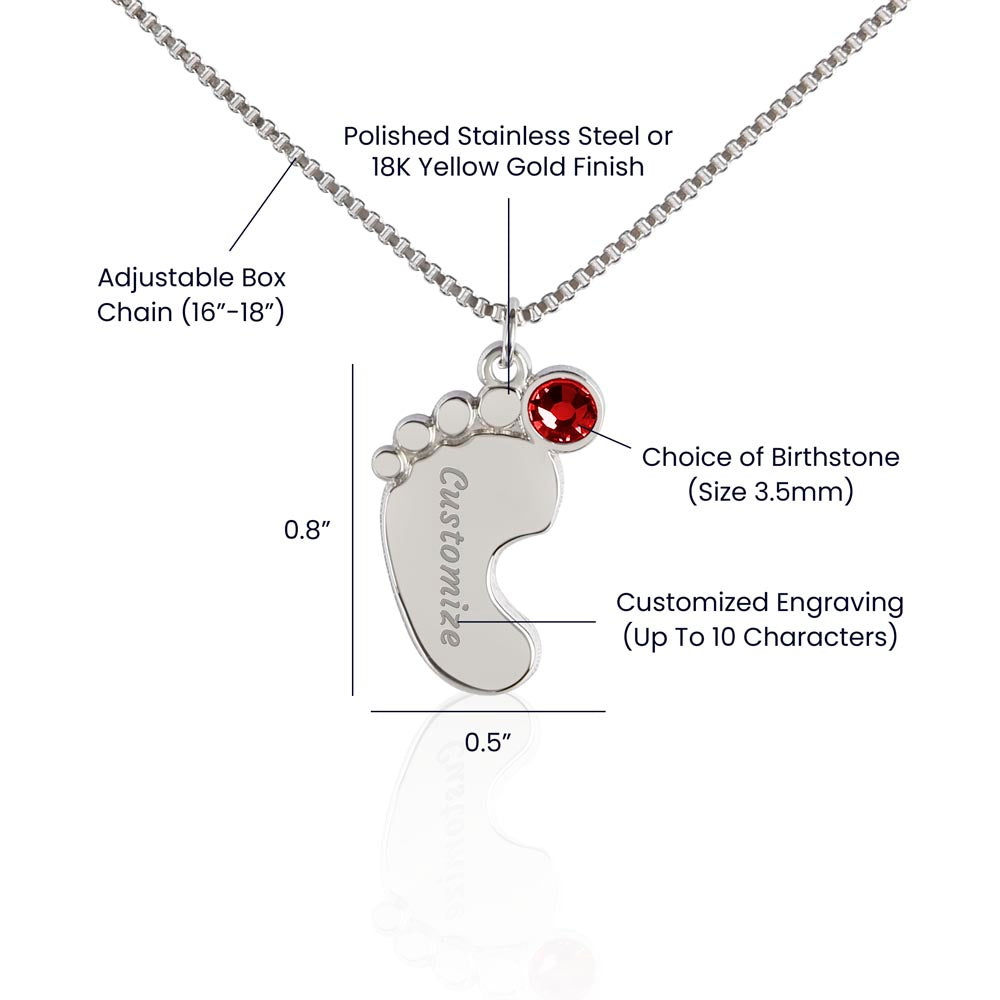 Size guide: 0.8 x 0.5 in. charm, 3.5 mm birthstone, engraving up to 10 characters | Baby Feet Birthstone Necklace