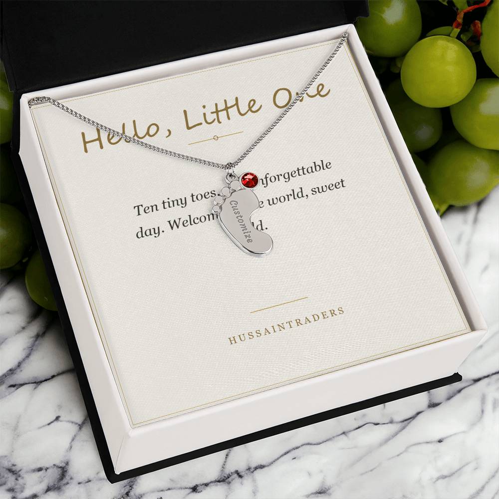 Hello, Little One card in a gift box on marble | Baby Feet Birthstone Necklace