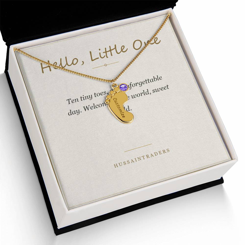 Gold finish charm and card in a gift box | Baby Feet Birthstone Necklace