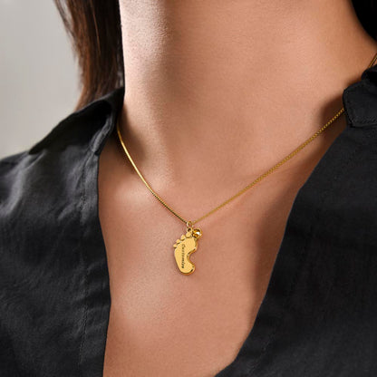Gold finish baby feet necklace worn | Baby Feet Birthstone Necklace