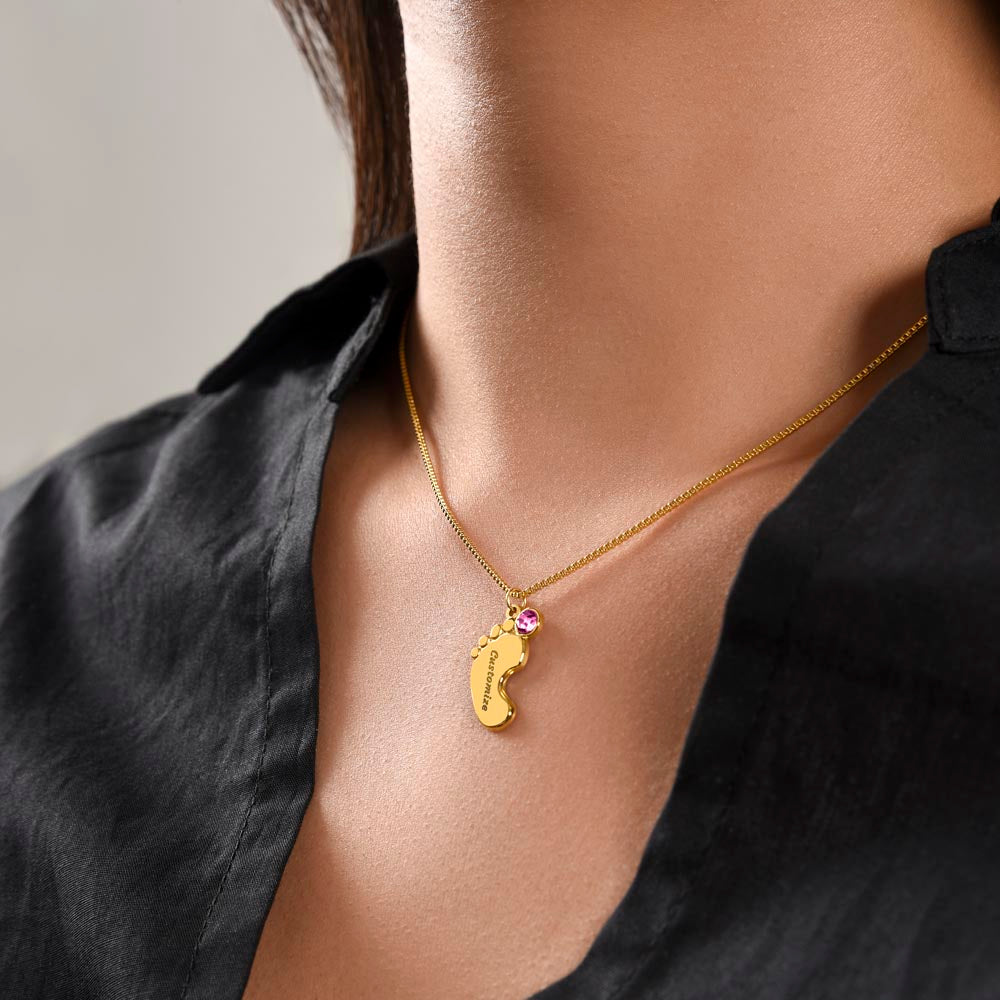 Gold finish baby feet necklace worn | Baby Feet Birthstone Necklace