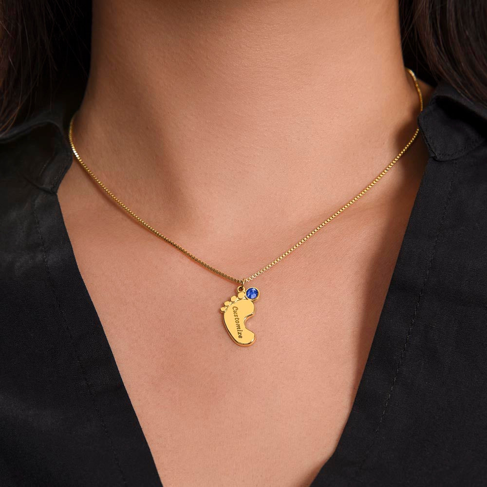 Gold finish baby feet necklace worn | Baby Feet Birthstone Necklace