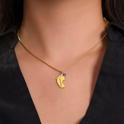 Gold finish baby feet necklace worn | Baby Feet Birthstone Necklace