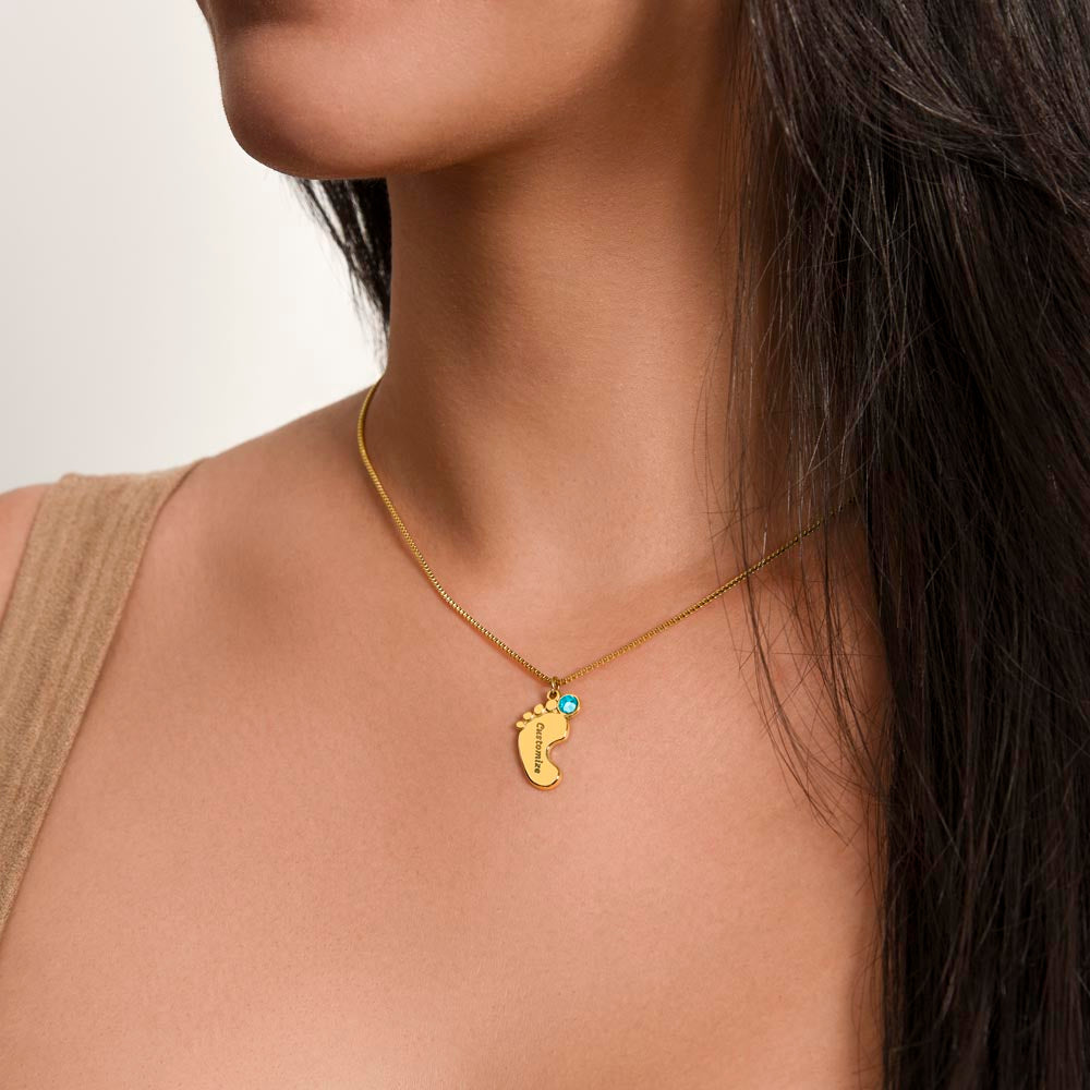 Gold finish baby feet necklace worn, close-up | Baby Feet Birthstone Necklace
