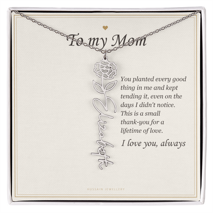 Polished stainless steel birth flower name pendant on the To My Mom message card | Mom Birth Flower Name Necklace with Message Card