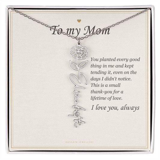 Polished stainless steel birth flower name pendant on the To My Mom message card | Mom Birth Flower Name Necklace with Message Card