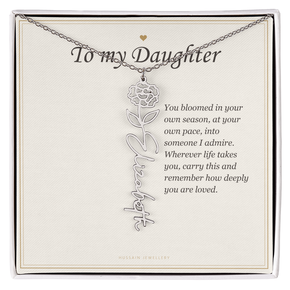 Polished stainless steel birth flower name pendant on the To My Daughter message card | Daughter Birth Flower Name Necklace with Message Card