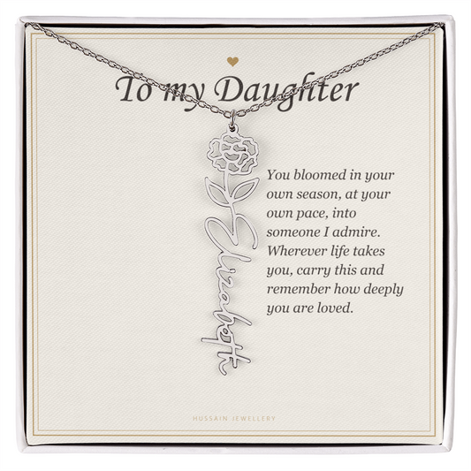 Polished stainless steel birth flower name pendant on the To My Daughter message card | Daughter Birth Flower Name Necklace with Message Card