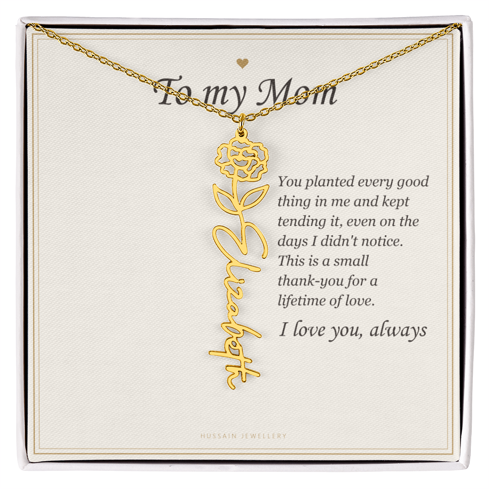 18k yellow gold finish birth flower name pendant on the To My Mom message card | Mom Birth Flower Name Necklace with Message Card