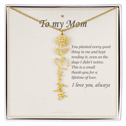 18k yellow gold finish birth flower name pendant on the To My Mom message card | Mom Birth Flower Name Necklace with Message Card