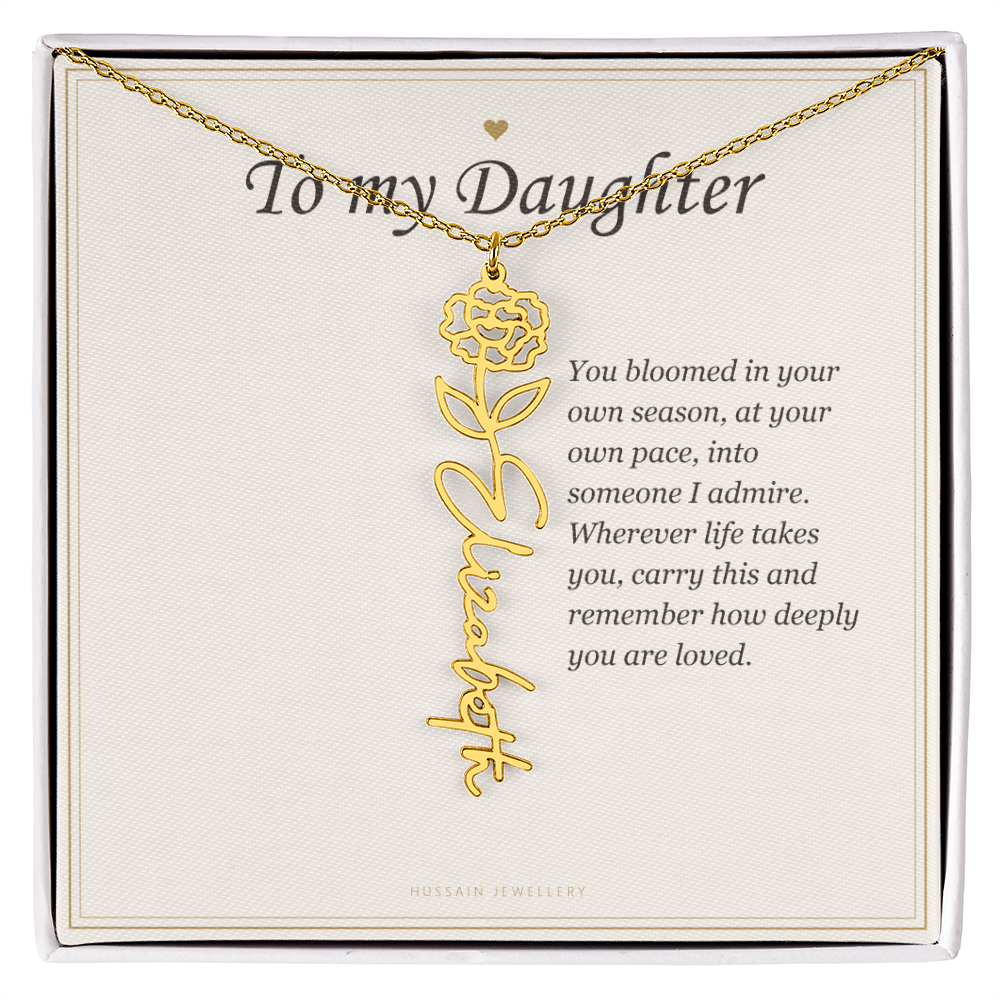 18k yellow gold finish birth flower name pendant on the To My Daughter message card | Daughter Birth Flower Name Necklace with Message Card