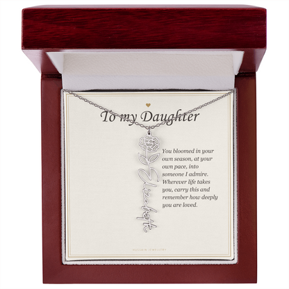 Stainless steel birth flower name pendant and To My Daughter card in the mahogany Luxury Box | Daughter Birth Flower Name Necklace with Message Card