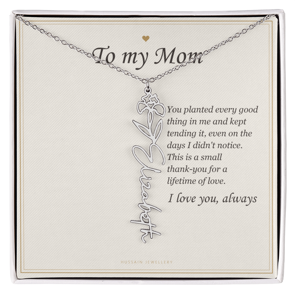 Polished stainless steel birth flower name pendant on the To My Mom message card | Mom Birth Flower Name Necklace with Message Card