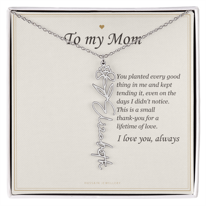Polished stainless steel birth flower name pendant on the To My Mom message card | Mom Birth Flower Name Necklace with Message Card