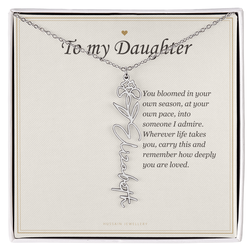 Polished stainless steel birth flower name pendant on the To My Daughter message card | Daughter Birth Flower Name Necklace with Message Card