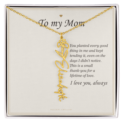 18k yellow gold finish birth flower name pendant on the To My Mom message card | Mom Birth Flower Name Necklace with Message Card