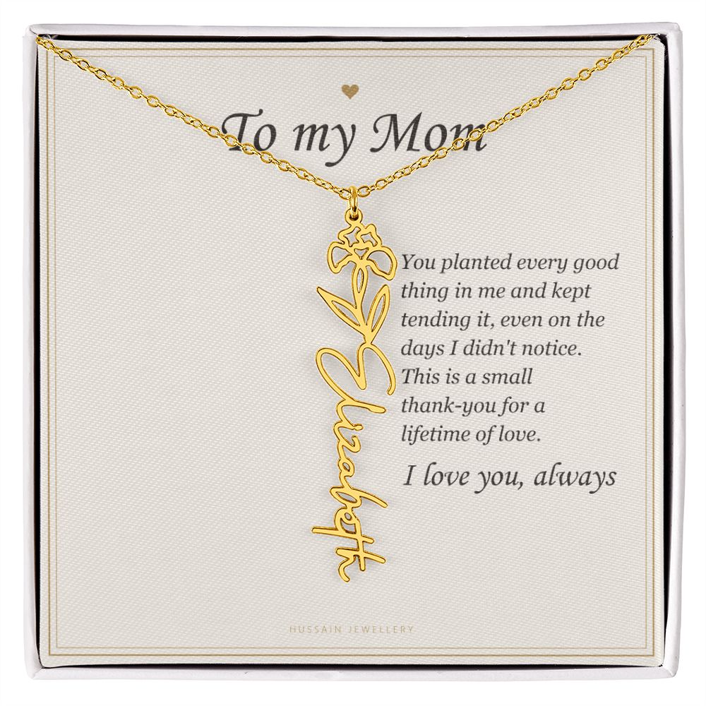 18k yellow gold finish birth flower name pendant on the To My Mom message card | Mom Birth Flower Name Necklace with Message Card