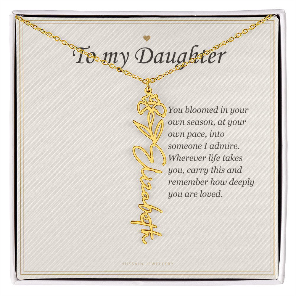 18k yellow gold finish birth flower name pendant on the To My Daughter message card | Daughter Birth Flower Name Necklace with Message Card