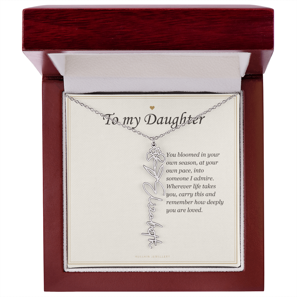 Stainless steel birth flower name pendant and To My Daughter card in the mahogany Luxury Box | Daughter Birth Flower Name Necklace with Message Card