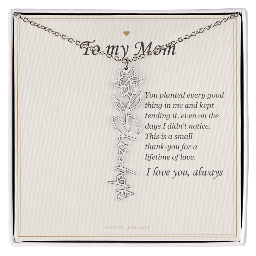 Polished stainless steel birth flower name pendant on the To My Mom message card | Mom Birth Flower Name Necklace with Message Card