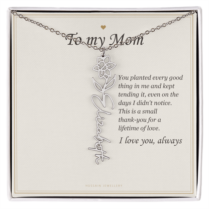 Polished stainless steel birth flower name pendant on the To My Mom message card | Mom Birth Flower Name Necklace with Message Card