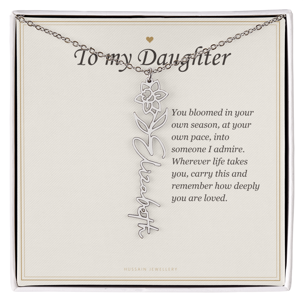 Polished stainless steel birth flower name pendant on the To My Daughter message card | Daughter Birth Flower Name Necklace with Message Card