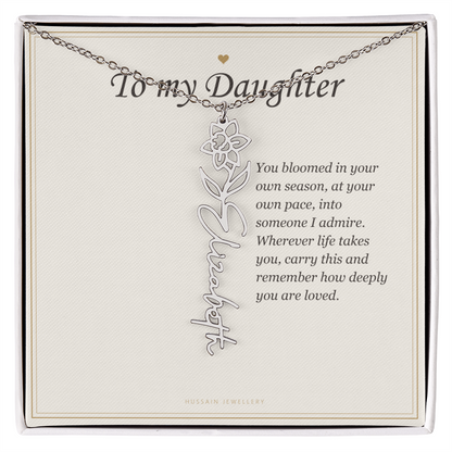 Polished stainless steel birth flower name pendant on the To My Daughter message card | Daughter Birth Flower Name Necklace with Message Card