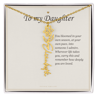18k yellow gold finish birth flower name pendant on the To My Daughter message card | Daughter Birth Flower Name Necklace with Message Card