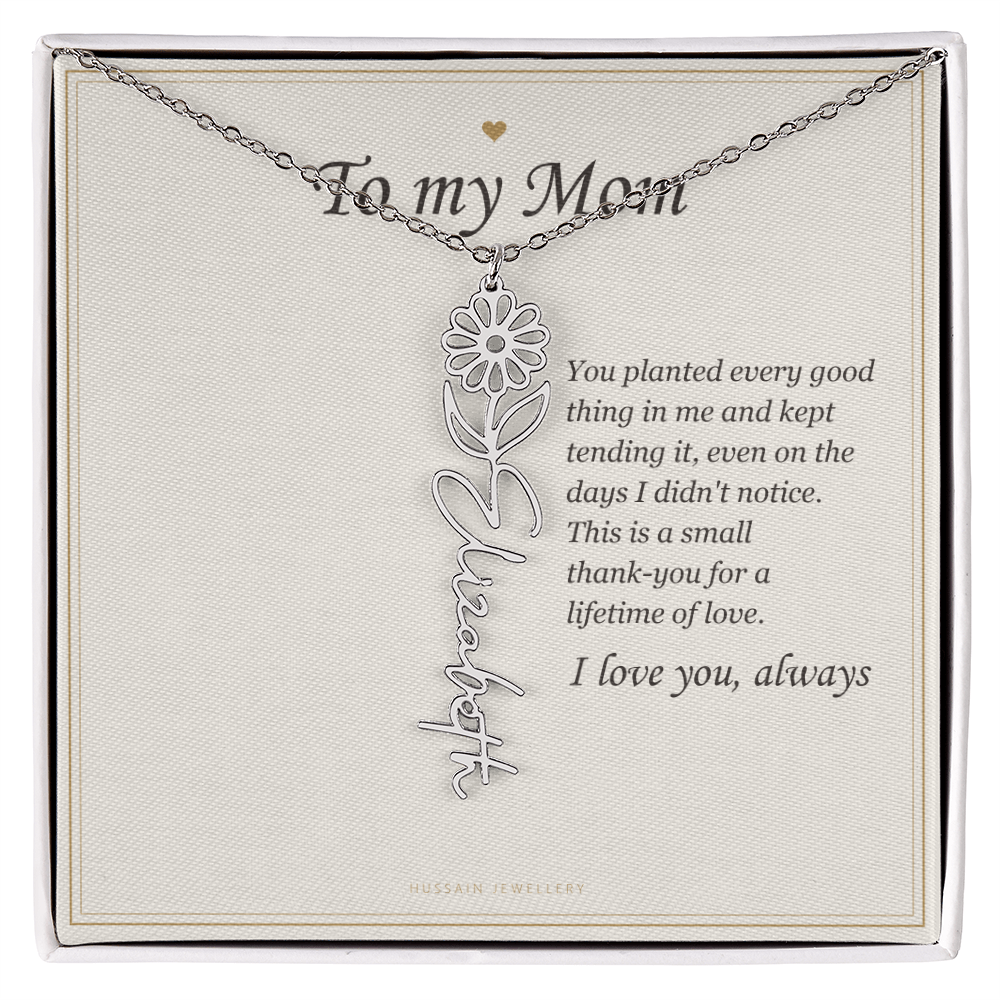 Polished stainless steel birth flower name pendant on the To My Mom message card | Mom Birth Flower Name Necklace with Message Card